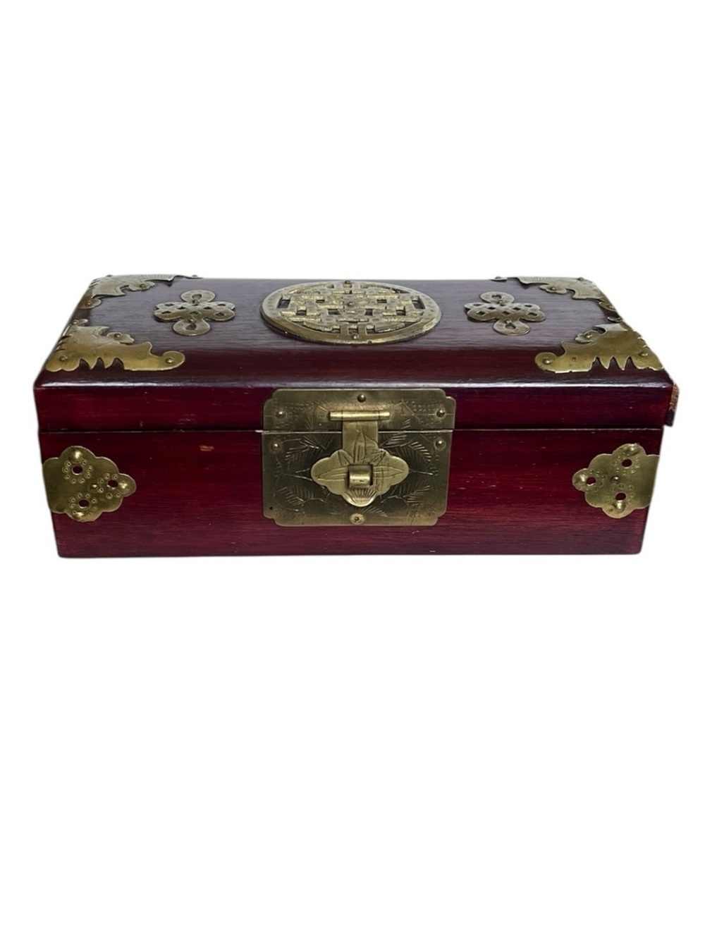 Vintage Chinese Rosewood Etched Brass Jewelry Box